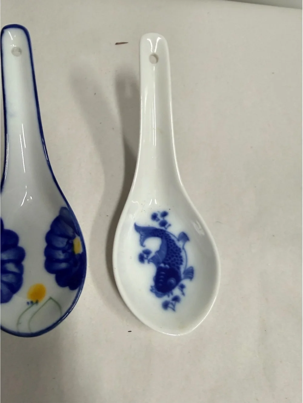 Set of 2 Ceramic Chinese Style Soup Spoons with Blue Fish and Floral Design